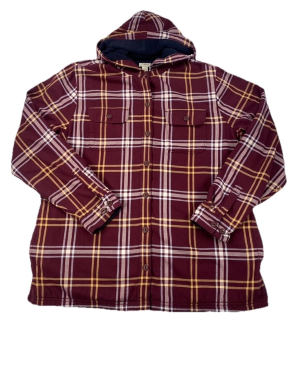 L.L Bean Women’s Fleece Lined Hooded Flannel Red Burgundy Cotton Blend Large